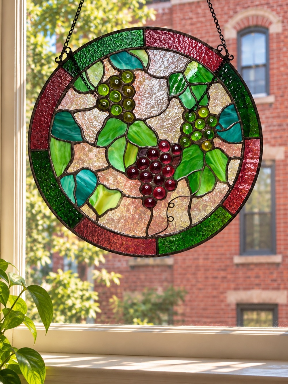 Stained Glass Grape Suncatcher - Green & Red